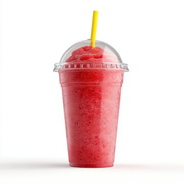 Frozen strawberry slush drink with vibrant red color and yellow straw isolated on white background