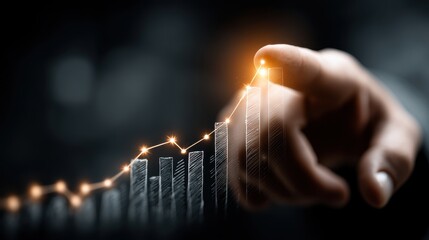 Hand Pointing at Rising Graph with Light Effects on Dark Background