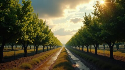 Naklejka premium Tree-lined dirt road through orchard at sunrise with puddles and soft golden light 