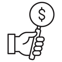 Hand holding magnifier glass icon. Financial research symbol. Icon symbol suitable for finance, searching, market, observe. Vector illustration.