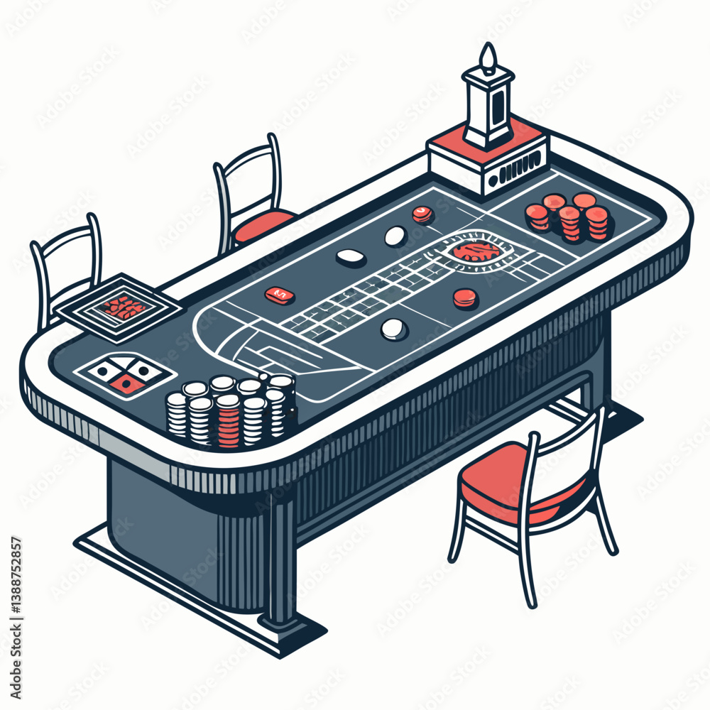 Poster create a bold vector illustration of a baccarat table setup, emphasizing the cards, chips, and elega