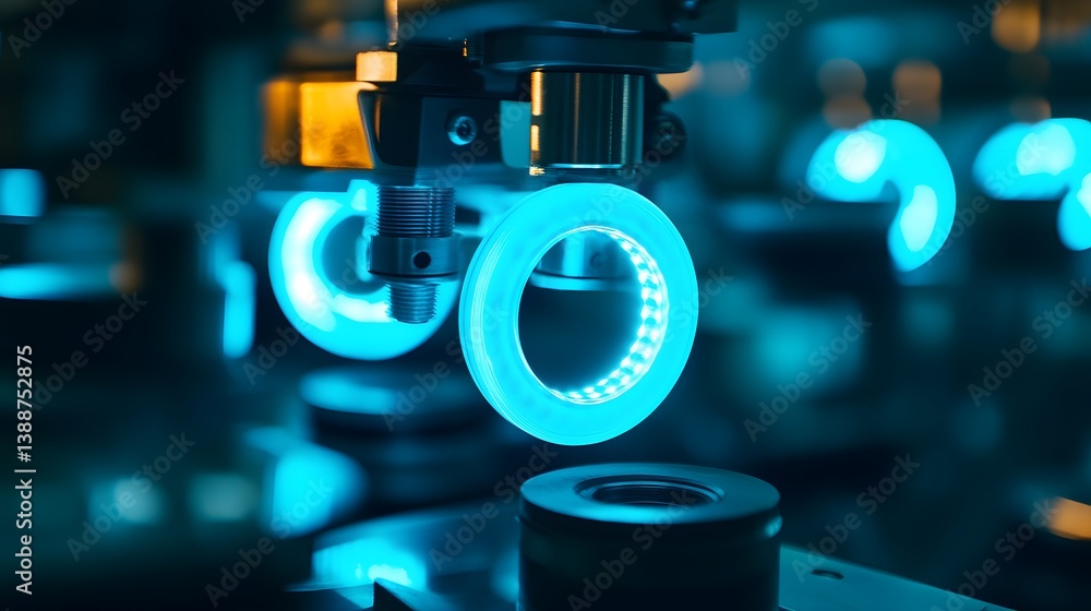 Poster a blue object with a light on it. the object is in a lab setting