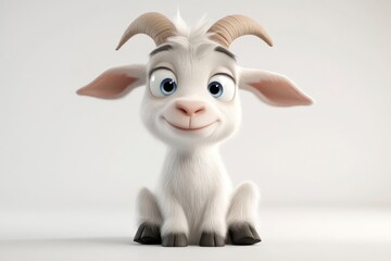 Cartoon Goat Smiling with Blue Eyes Sitting on White Background