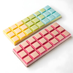 Dark chocolate bars with squares on white background