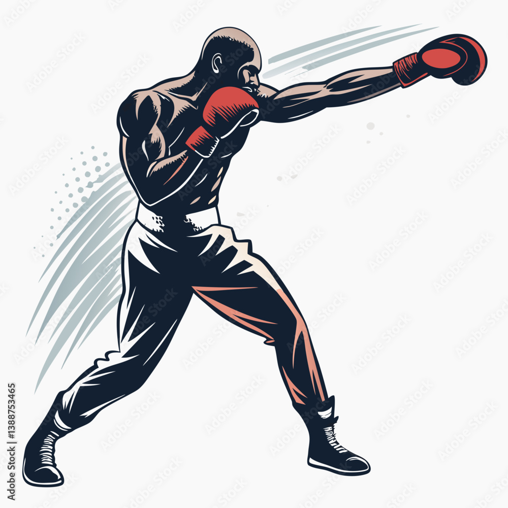 Poster create a bold, vector illustration of a boxer powerfully throwing a punch, emphasizing strong lines 