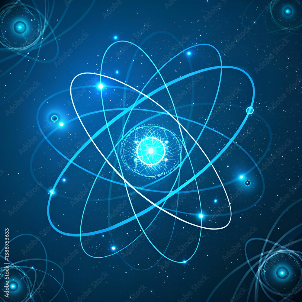 Poster a dynamic physics-themed background with glowing particles and energy waves illustrating motion, for