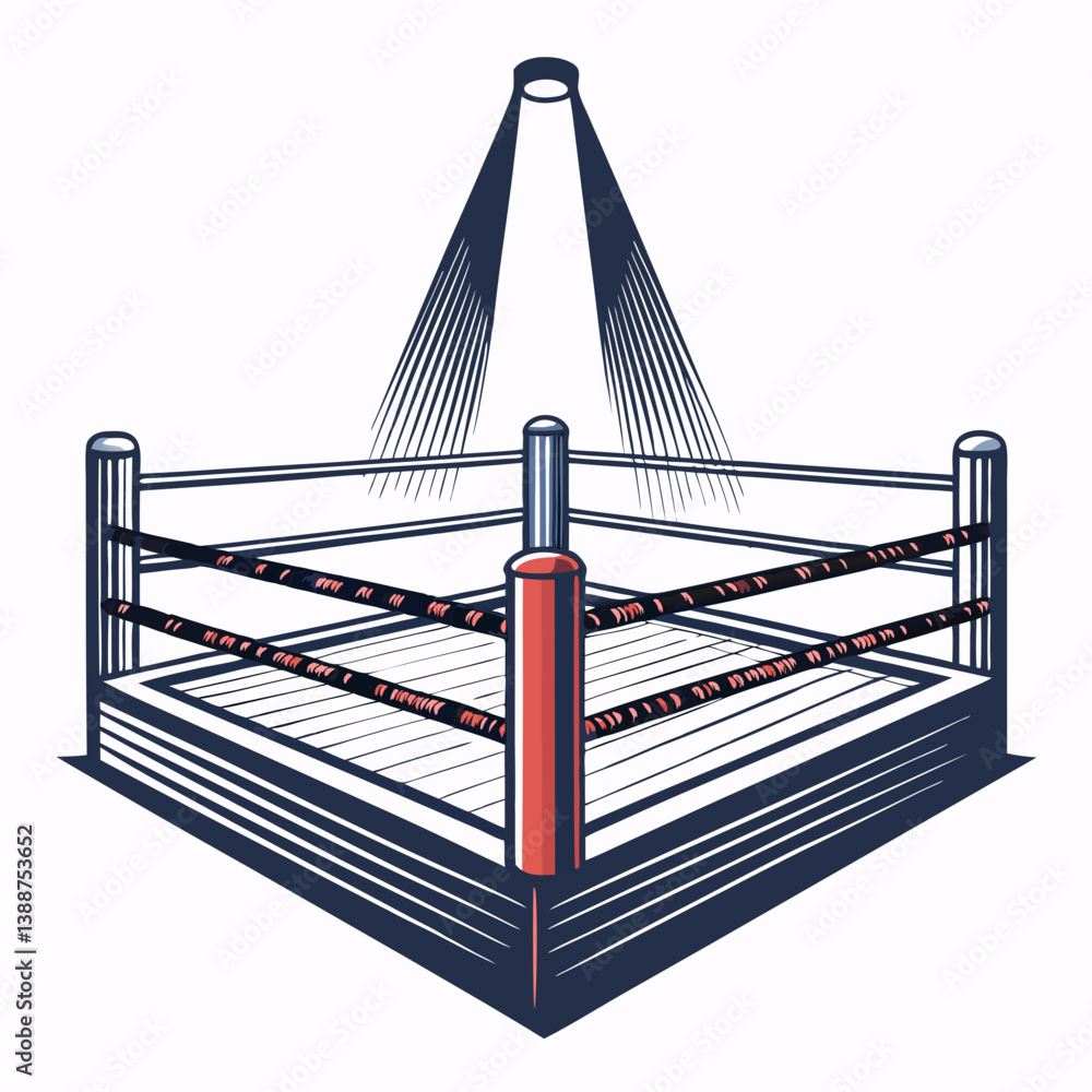 Poster create a bold, vector illustration of a boxing ring with ropes, emphasizing strong lines and sharp c