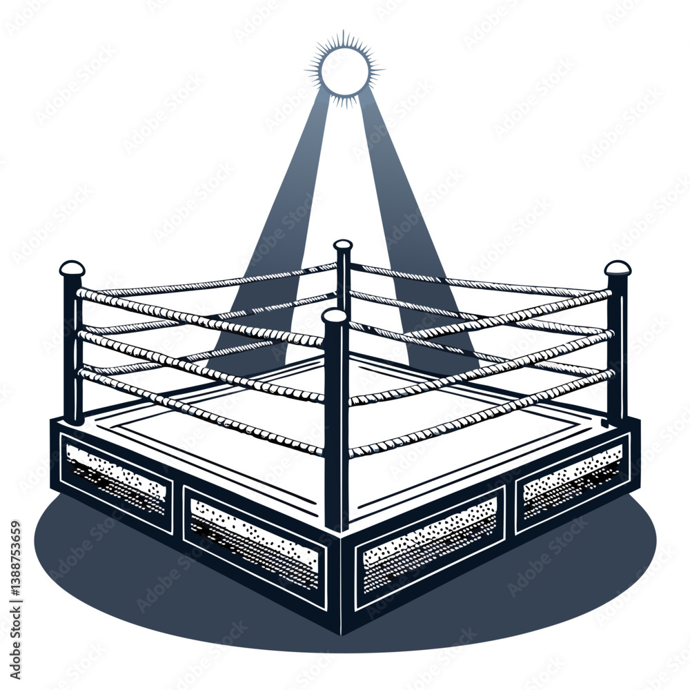 Poster create a bold, vector illustration of a boxing ring with ropes, emphasizing strong lines and sharp c