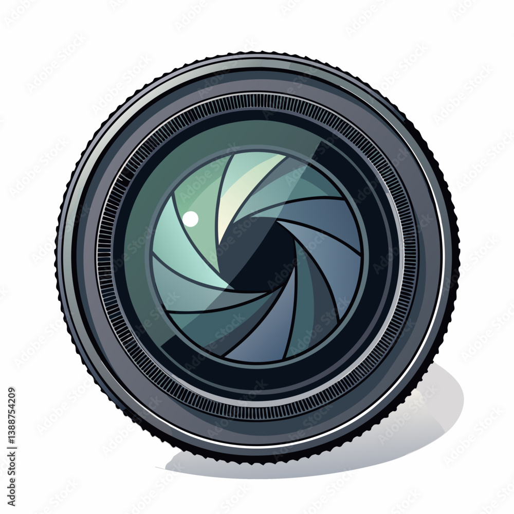 Poster design a bold, vector graphic of a camera lens with realistic reflections, emphasizing strong outlin