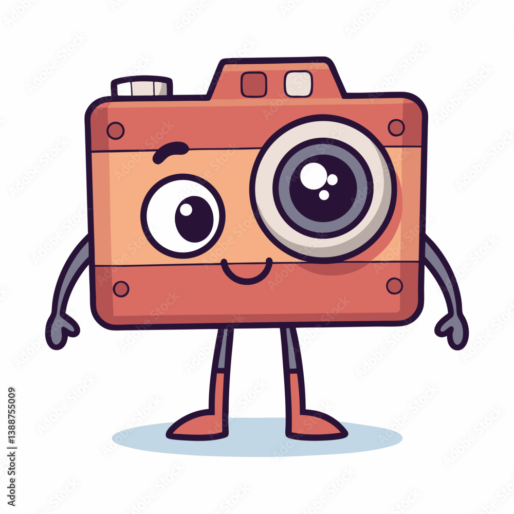 Poster create a bold, vector illustration of a cheerful cartoon camera character with thick outlines. desig