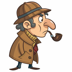 Create a bold, vector illustration of a cartoon detective with a magnifying glass, wearing a trench coat and fedora.  Include strong outlines and vibrant colors.