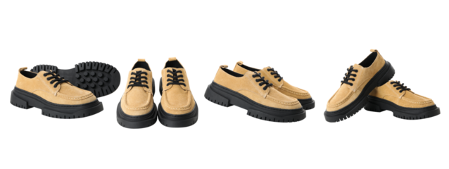 Trendy yellow shoes with black soles, great for outings, isolated on white, PNG