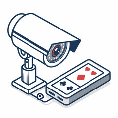 Create a vector illustration of a bold, black stroke casino security camera with detailed lens and housing.  Include a subtle bevel effect for depth.