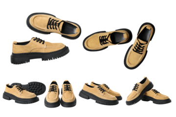 These suede shoes feature a black sole, perfect for various settings, isolated on white, PNG