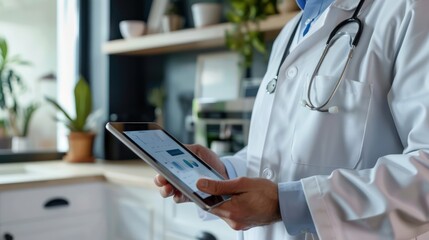 A home healthcare professional using a tablet for remote monitoring and telehealth consultations with patients.