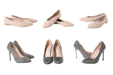 Display of stylish flat and heeled shoes in neutral colors, isolated on white, PNG