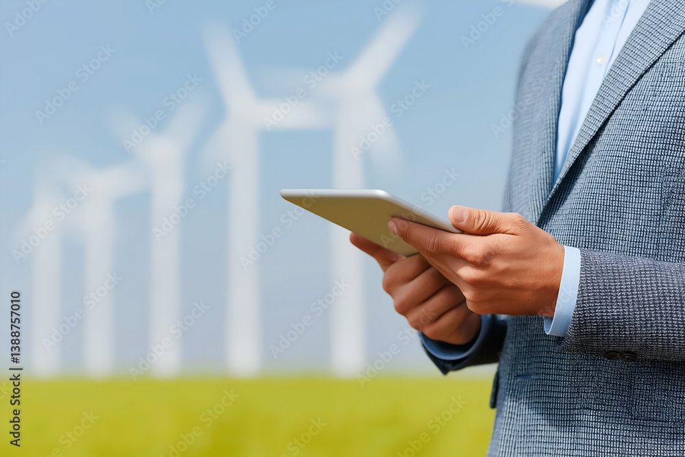 Poster a man in a suit holds a tablet while standing in a field with wind turbines in the background, symbo