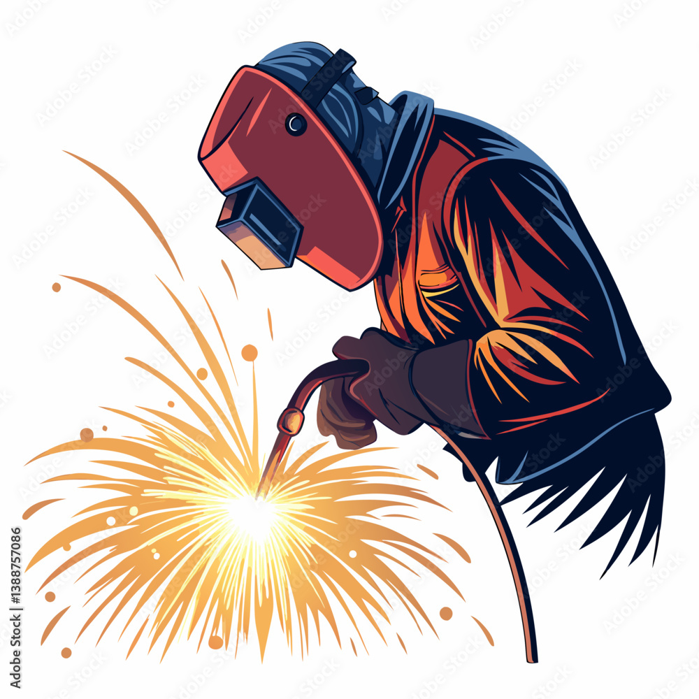 Poster create a bold vector illustration of a close-up welding scene, emphasizing the intense heat and spar