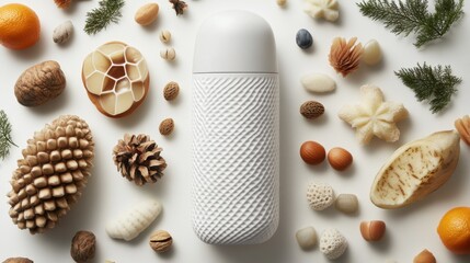 Obraz premium Modern white container surrounded by various natural elements