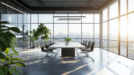 Modern conference room with city view and natural light enhancing collaboration