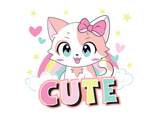 Fototapeta premium Vector illustration, cute kitten. Design for printing on shirt, poster, banner. White text on pink background. Lovely print for t-shirt