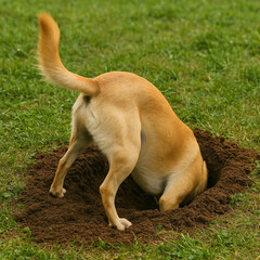 A humorous moment where only the dog’s tail and back legs are visible as its head is fully buried in the hole