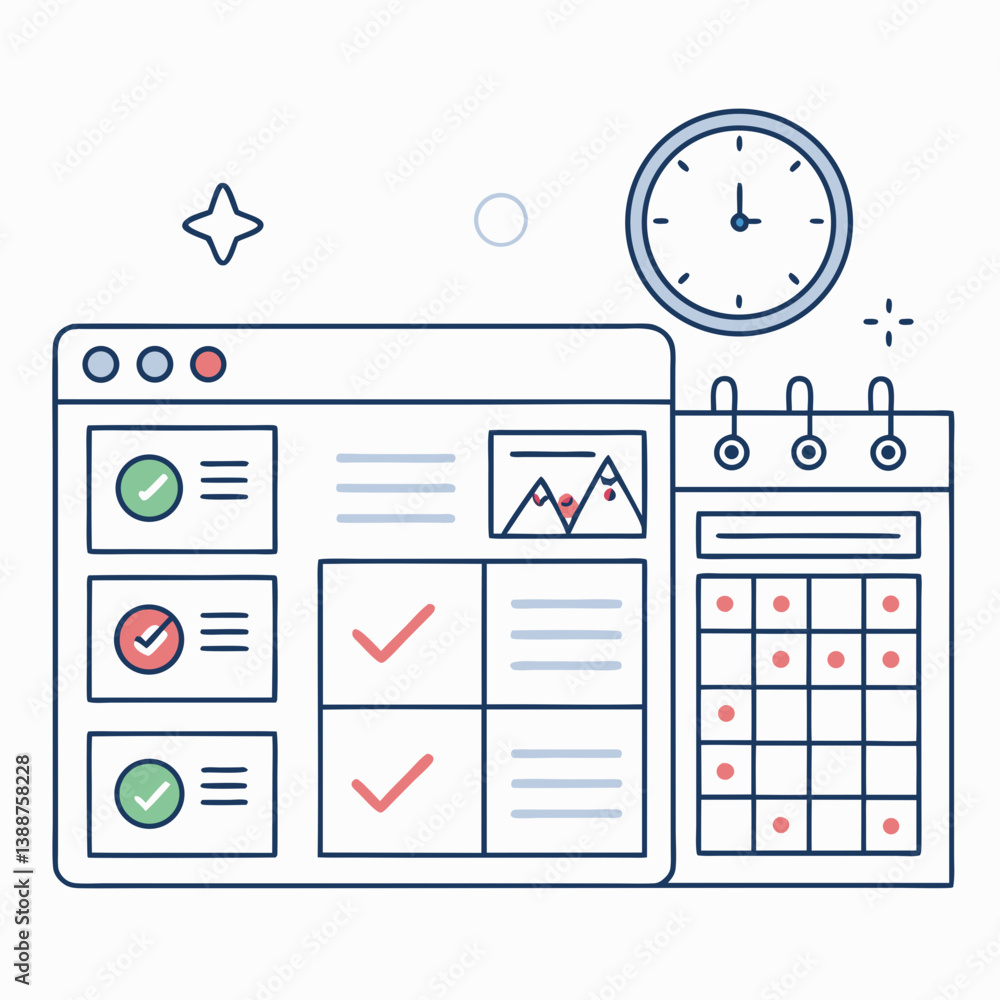 Poster design a bold vector graphic illustrating the concept of content scheduling; include a calendar, clo