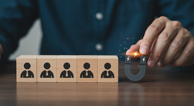 Businessman holding wooden blocks with team icons and magnet symbolizing talent acquisition, recruitment, and human resource management on transparent background. - Powered by Adobe