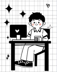 Illustration of a boy sitting at a desk with a laptop in front of him.