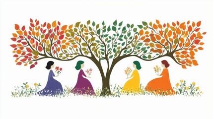 Obraz premium Women in Vibrant Dresses Gather Under Colorful Tree with Flowers