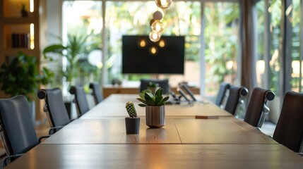 A conference table setup for a video conference call, with participants joining remotely from different locations.