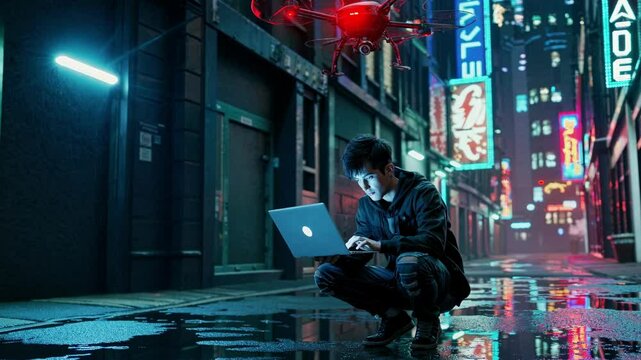 Young hacker operates laptop in neon-lit alley while drone hovers above in futuristic urban setting