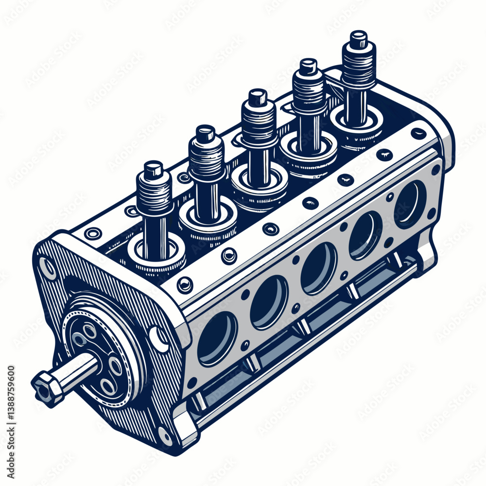 Poster create a bold vector illustration of a cylinder head, emphasizing thick outlines and sharp details. 