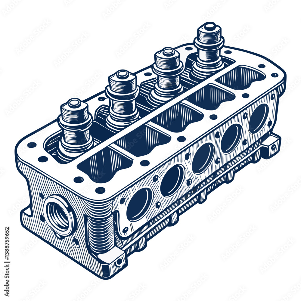 Poster create a vector illustration of a bold-stroked cylinder head, emphasizing mechanical details. includ