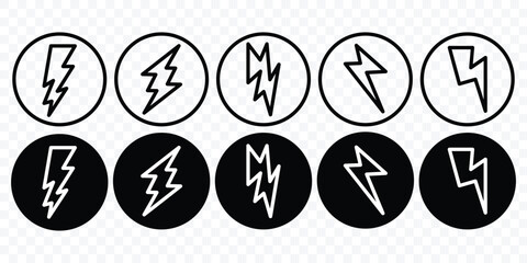 Lightning bolt icon set. Set of thunderbolt and lightning icons. Thunder icon. Electric power symbol. Power energy sign, vector illustration