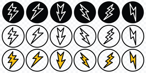 Lightning bolt icon set. Set of thunderbolt and lightning icons. Thunder icon. Electric power symbol. Power energy sign, vector illustration