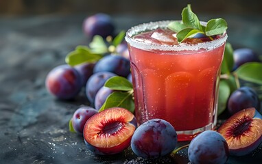 Refreshing plum juice with ice, sugar rim, and fresh plums. A sweet and slightly tart beverage.