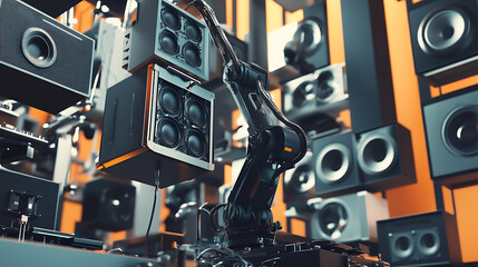 A mechanical arm in a high tech 3D audio system assembly line, surrounded by audio components, speakers