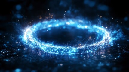 Glowing blue ring of energy on dark surface with dust and particles surrounding it