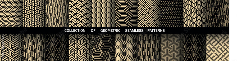 Poster Geometric set of seamless black and golden patterns. Simple vector graphics
