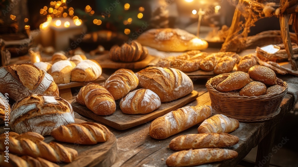 Poster freshly baked rustic bread and pastries on a wooden table with warm lighting creating a cozy atmosph