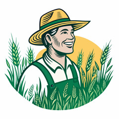 Create a bold vector illustration of a farmer wearing a straw hat, working in a field.  Focus on strong lines and impactful design.