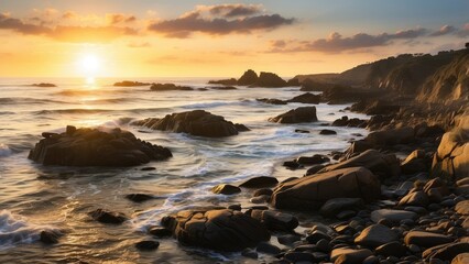Obraz premium first light of day, breaking, Atlantic coastline, sky, vibrant colors, reflecting, ocean's surface, breathtaking, landscape.