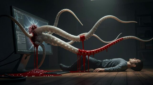 Mysterious encounter between a man and a large octopus emerging from a computer screen in a dimly lit room