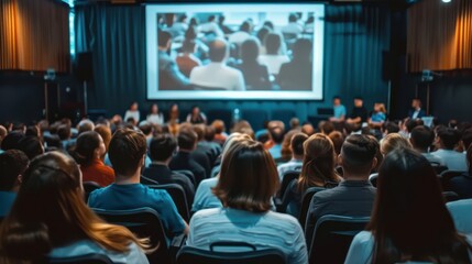 An audience listening attentively to a business presentation in a corporate setting.