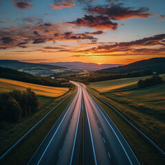 A breathtaking sunset paints the sky with warm hues as it meets the open road. The golden light reflects on the pavement, creating a serene and cinematic journey into the horizon&rsquo;s endless beauty.

