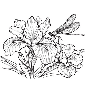 Coloring book dragonfly resting on an elegant iris bloom. Delicate wings alight upon soft petals in a tranquil