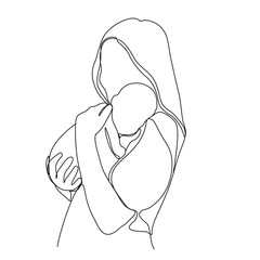 Mother and baby continuous line art vector illustration, mothers day celebration background. A mom hug the baby one line art.