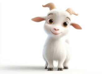 Cute Cartoon Goat Standing on White Background Smiling for Kids