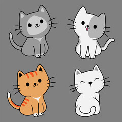 Group of cartoon cat figures on gray background for decoration.